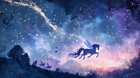 A captivating dreamlike scene depicting a majestic unicorn soaring through a starry twilight sky accompanied by a trail of glimmering fairy dust The unicorn s silhouette is silhouetted against theの素材