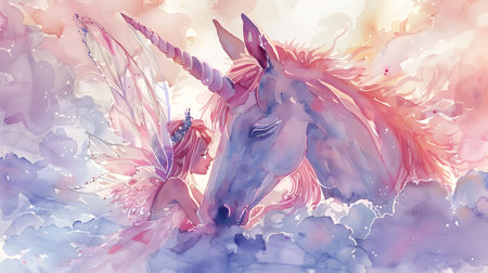 This enchanting watercolor painting depicts a fairy gently whispering secrets to a newborn unicorn as they rest together on a soft dawn lit cloud The scene is filled with a sense of wonder and magicの素材