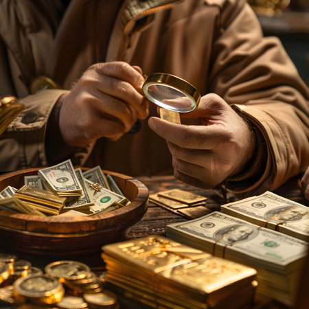 A scene depicting a vintage styled banker or financier in a formal suit carefully examining gold bars through a magnifying glass surrounded by stacks of United States dollar bills and other currencyの素材