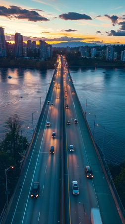 The image showcases a stunning urban landscape with a towering skyline in the background A major highway bridge spans across a wide river with streams of traffic flowing in both directions The sky isの素材