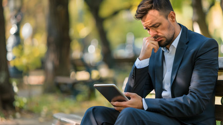 A middle aged businessman in a suit sits on a park bench appearing distressed as he reviews market data and information on his tablet device The serene outdoor setting contrasts with the man sの素材