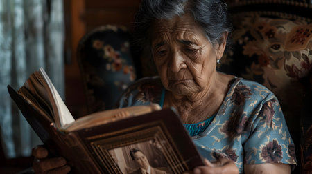 An older Hispanic woman with a pensive melancholic expression sits in a rocking chair holding an old worn photo album open in her lap Her eyes appear tearful as she reflects on the memories containedの素材