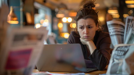A focused and serious looking woman presumably a trader or financial professional is sitting in a cafe with her laptop open and various financial newspapers and documents scattered around her Sheの素材