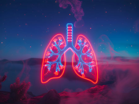 This digital depicts a pair of anatomical lungs designed as a vibrant neon sign against a dark starry night sky backdrop The lungs are highlighted in bright red and blue hues resembling a glowingの素材