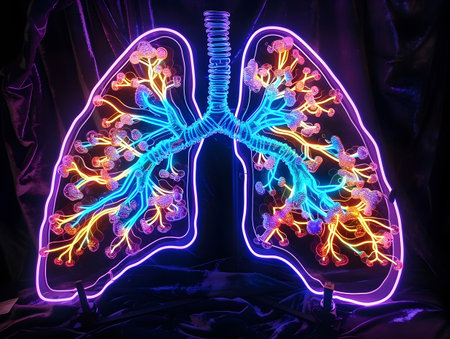 This striking digital artwork presents a neon light depiction of the human lungs with each individual alveoli brightly illuminated in a distinct vibrant color The luminous surreal image stands outの素材