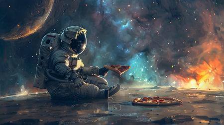 In this captivating image a lone astronaut is depicted in a moment of contemplation surrounded by the vast and awe inspiring expanse of the cosmos The astronaut gazes intently at a solitary slice ofの素材