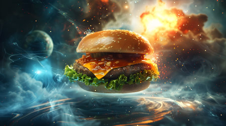 A glowing luminescent cheeseburger floats in the void of the universe surrounded by swirling nebulae and celestial bodies The burger s intricate details are highlighted by high contrast lightingの素材