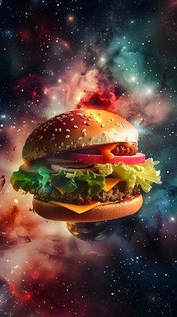 A cheeseburger gracefully drifts through the depths of the universe illuminated from within and showcasing intricate details on its structure and ingredients The burger is blended with an etherealの素材