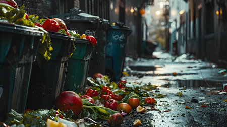 This image depicts an abandoned run down alleyway strewn with overflowing trash cans and decaying organic matter Rotten fruit and vegetable scraps spill out creating a squalid unsanitary scene Theの素材