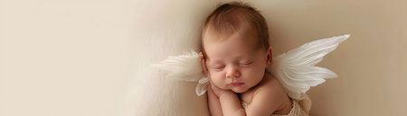 This enchanting image captures a newborn baby peacefully slumbering their delicate features adorned with delicate angel wings in soft pastel hues The serene beige backdrop creates a calming dreamlikeの素材