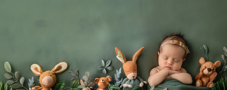 This image depicts a whimsical and enchanting setup featuring a newborn baby peacefully resting amidst a collection of small plush forest animals on a serene green background The scene creates aの素材