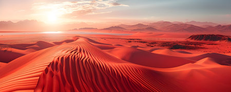 This breathtaking panoramic scene depicts a landscape of towering crimson hued sand dunes under the soft warm glow of an alien sunrise Long shadows stretch across the undulating terrain highlightingの素材