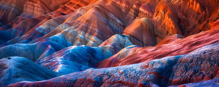 This image presents a stunning and otherworldly landscape where the canyon walls display a mesmerizing array of colors The soft light of the sunrise illuminates the intricate geological formationsの素材