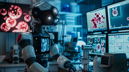 A high tech driven robot equipped with advanced optical sensors is intently examining a series of microscopic images displayed on multiple screens in a dimly lit technologically advanced laboratoryの素材
