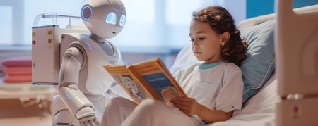 A friendly soft featured robotic healthcare companion is seen reading a book to a young child resting in a hospital bed in a cozy pediatric hospital room setting The robot s presence and attentiveの素材