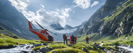 A red helicopter is landing on a remote rugged mountain location to evacuate an injured hiker A rescue team is preparing a stretcher ready to transport the person to safety The dramatic scenicの素材