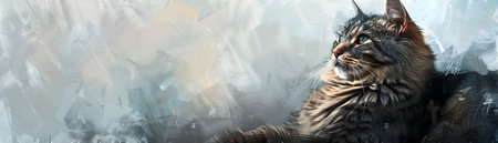 A whimsical digital painting depicting a close up portrait of a comically plump and fluffy domestic cat The feline subject has a round chubby face with large curious eyes whiskers and a fluffy coatの素材