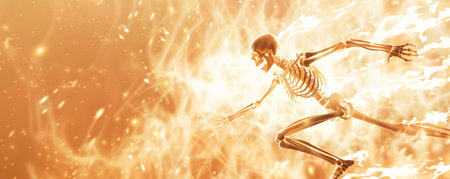 This dynamic 3D render showcases a human skeleton in motion with the bones and joints clearly visible as the figure runs energetically against a bright luminous backdrop that provides ample copyの素材