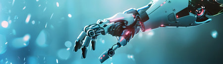 This striking image depicts a 3D render of a bionic robotic arm that seamlessly integrates human anatomy with cutting edge cybernetic engineering The design showcases the intricate fusion of organicの素材