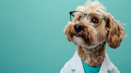 A friendly and adorable Labradoodle dog wearing a white lab coat and glasses giving the impression of an intelligent curious and knowledgeable scientist or researcher The dog is set against a vibrantの素材