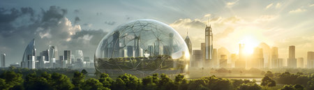 This digital rendering depicts a futuristic city with a massive glass dome structure being constructed to encase the urban skyline Engineers and construction workers are shown working on theの素材