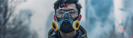 The image depicts a future news reporter delivering a broadcast on the current PM25 pollution levels They are wearing a high tech sleek protective mask that filters the air indicating the severity ofの素材