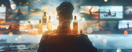 In this symbolic and introspective scene a solitary figure stands silhouetted gazing upon a cinematic screen that reflects the key moments and choices of his life Bottles of alcohol a common threadの素材