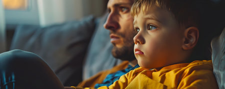 The image depicts a poignant scene of a parent likely a father sitting on a couch with a pensive saddened expression The parent appears to be consumed by regret and worry suggesting they have missedの素材