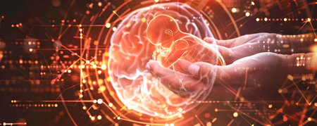 An abstract futuristic visualization depicting a conference on emerging prenatal technologies and their ethical implications Experts engage in a thoughtful discussion around the impact ofの素材