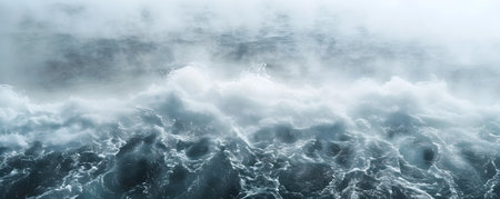 This high image captures the intense dynamic texture of the ocean s surface in an extreme close up Steam billows upwards creating an atmospheric misty effect while droplets of condensation cling toの素材