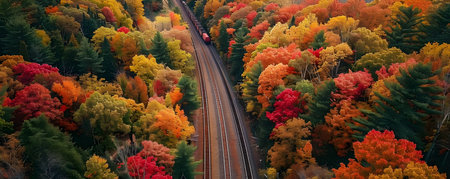 This stunning aerial footage captures the breathtaking beauty of a scenic railway line cutting through a patchwork quilt of vibrant fall foliage in the countryside The train snakes through the lushの素材