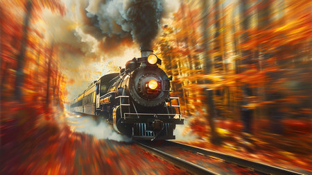 A vintage steam locomotive surges through a vibrant autumn forest its billowing smoke momentarily obscuring the trees as it races forward The sense of speed and motion is captured in blurredの素材
