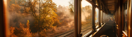 Passengers gaze out the windows of a luxurious vintage rail carriage captivated by the ever changing autumnal landscape rushing by outside The soft diffused lighting and muted color palette create aの素材