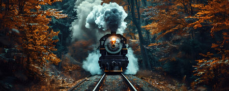 This moody and atmospheric image captures the dramatic sight of a vintage steam locomotive emerging from a tunnel surrounded by brightly colored autumn trees The engine is billowing dramatic plumesの素材