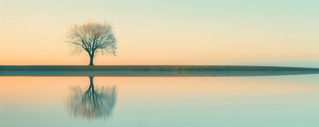 This captivating image depicts a serene and minimalist landscape featuring the silhouette of a solitary tree reflected in the calm waters of a pond The pastel sky sets the stage for a tranquil andの素材