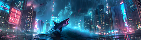This striking digital depicts a futuristic neon lit cityscape being consumed by a raging sea Towering waves crash against the skyscrapers while massive great white sharks breach the surface creatingの素材