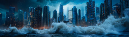 This cinematic image captures a dramatic and ominous scene of a futuristic city being battered by a raging storm Massive waves crash against the towering skyscrapers with water flooding the streetsの素材