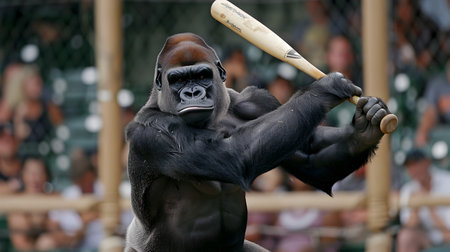This captivating image depicts a powerful gorilla standing at the plate gripping a baseball bat with focused intensity With a mighty swing the gorilla sends the ball soaring high into the airの素材