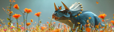 A charming 3D rendered depicts a plump friendly looking Triceratops dinosaur carefully navigating through a lush field filled with colorful wildflowers A delicate butterfly has landed on the creatureの素材