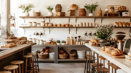 This image depicts a bright and airy cafe interior with a long communal wooden table surrounded by potted greenery Rustic wooden shelves are beautifully arranged with artisanal bread loaves andの素材