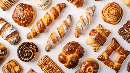 This image showcases an overhead studio shot of an exquisite array of freshly baked pastries including pain au raisin chocolate babka and cream filled eclairs arranged on a plain white surface Theの素材