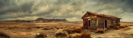 This image depicts a solitary dilapidated wooden structure standing amidst a barren arid desert landscape The cabin s crumbling walls aged wooden beams and panels and hints of faded paint evoke aの素材