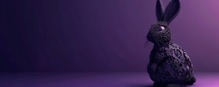 A striking 3D depicting a mysterious rabbit adorned in an ornate gothic inspired black lace dress set against a captivating backdrop of deep moody purple hues The rabbit s expression is enigmaticの素材
