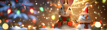 This charming 3D depicts a holiday themed rabbit dressed in a festive red and green dress surrounded by twinkling Christmas lights and a cheerful snowman The rabbit s whimsical expression and theの素材