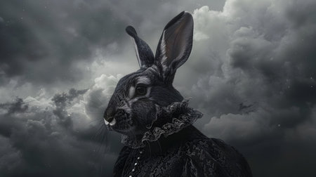 This haunting 3D depicts a mysterious rabbit adorned in a dark gothic style velvet dress with lace trimmings posed against a foreboding stormy sky The rabbit s pensive expression and the broodingの素材