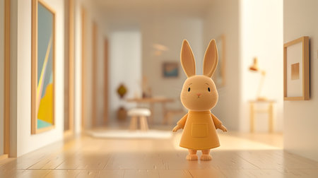 This image depicts a charming 3D illustrated rabbit figure in a simple shift dress sitting on display in a contemporary art gallery setting The rabbit has a soft plush appearance and a whimsicalの素材