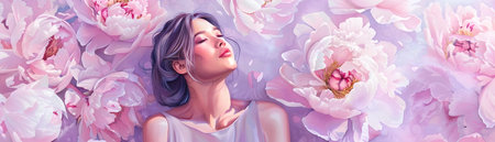 A dreamy woman in a soft lavender dress is surrounded by a sea of delicate pink peonies their petals gently swaying in a gentle breeze The watercolor captures a sense of serene beauty and feminineの素材