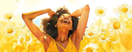 A vibrant and carefree woman in a bright yellow sundress is captured laughing joyfully while surrounded by a beautiful field of wild daisies under the warm summer sun Her expression radiates a senseの素材