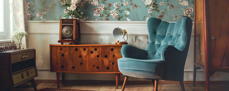 This image showcases a cozy and stylish living room with a plush teal blue armchair as the focal point The room is adorned with a vintage phonograph a mid century modern sideboard and a retroの素材