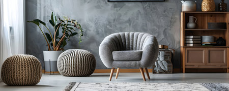This image showcases a beautifully designed minimalist armchair with a curved silhouette set in a cozy and inviting living room interior The chair is positioned on a patterned area rug complementedの素材